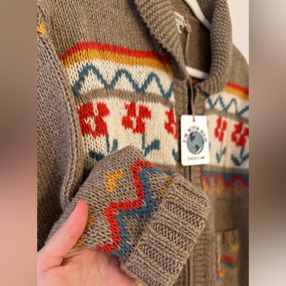 Toad&Co Brown Fair Isle Zip-Front Wool Sweater Jacket with Red & Teal Accents - Picture 5 of 6